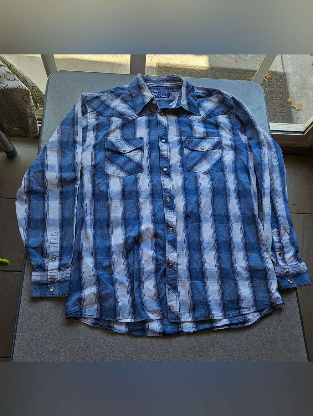 Cowboy Hardware Men Western Pearl Snap Button Long Sleeve Shirt Large Blue White